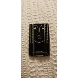 Vintage Black Enamel & Silver Tone Art Deco Face Pin or Pendant Ritz 2"